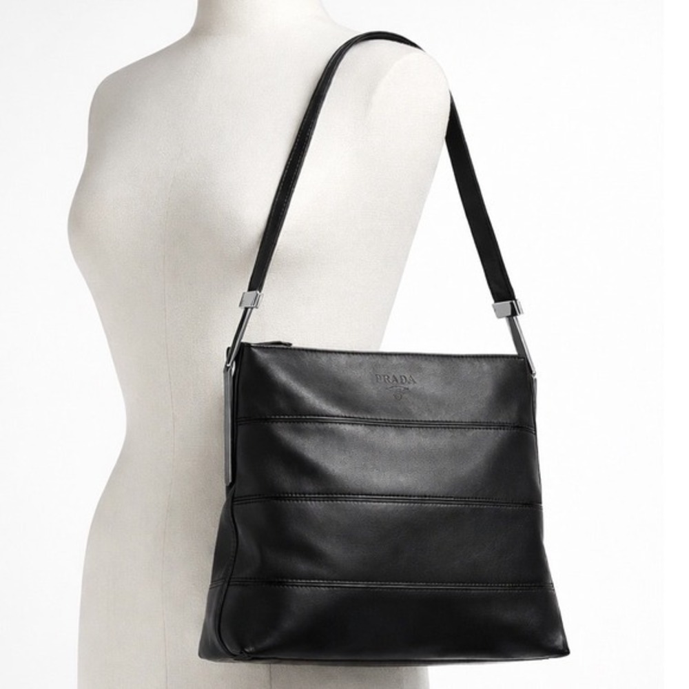 Prada Vitello Leather Shoulder Bag Black Minimalist Y2K Italy Silver HW